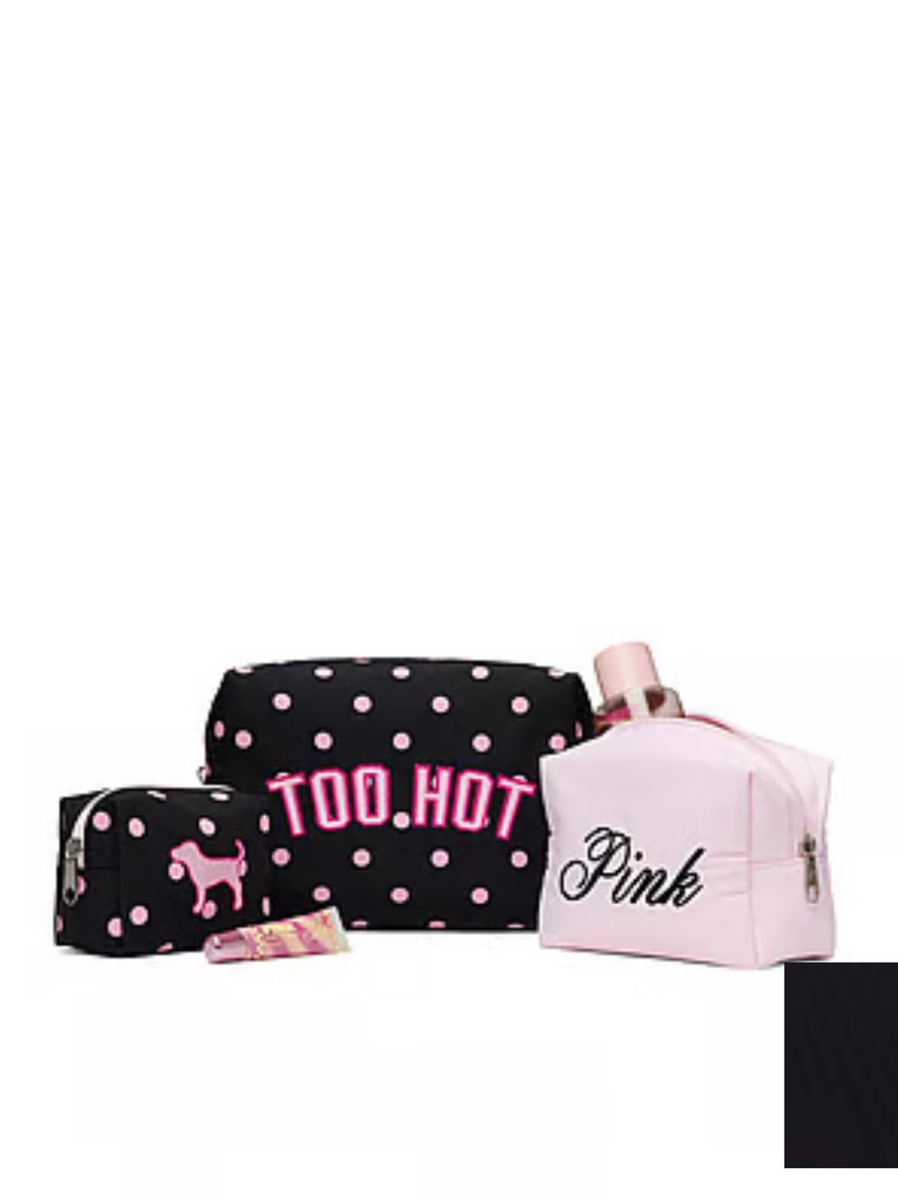 PINK Victoria's Secret Black & Light Pink Polka Dot Cosmetic Bag Trio
